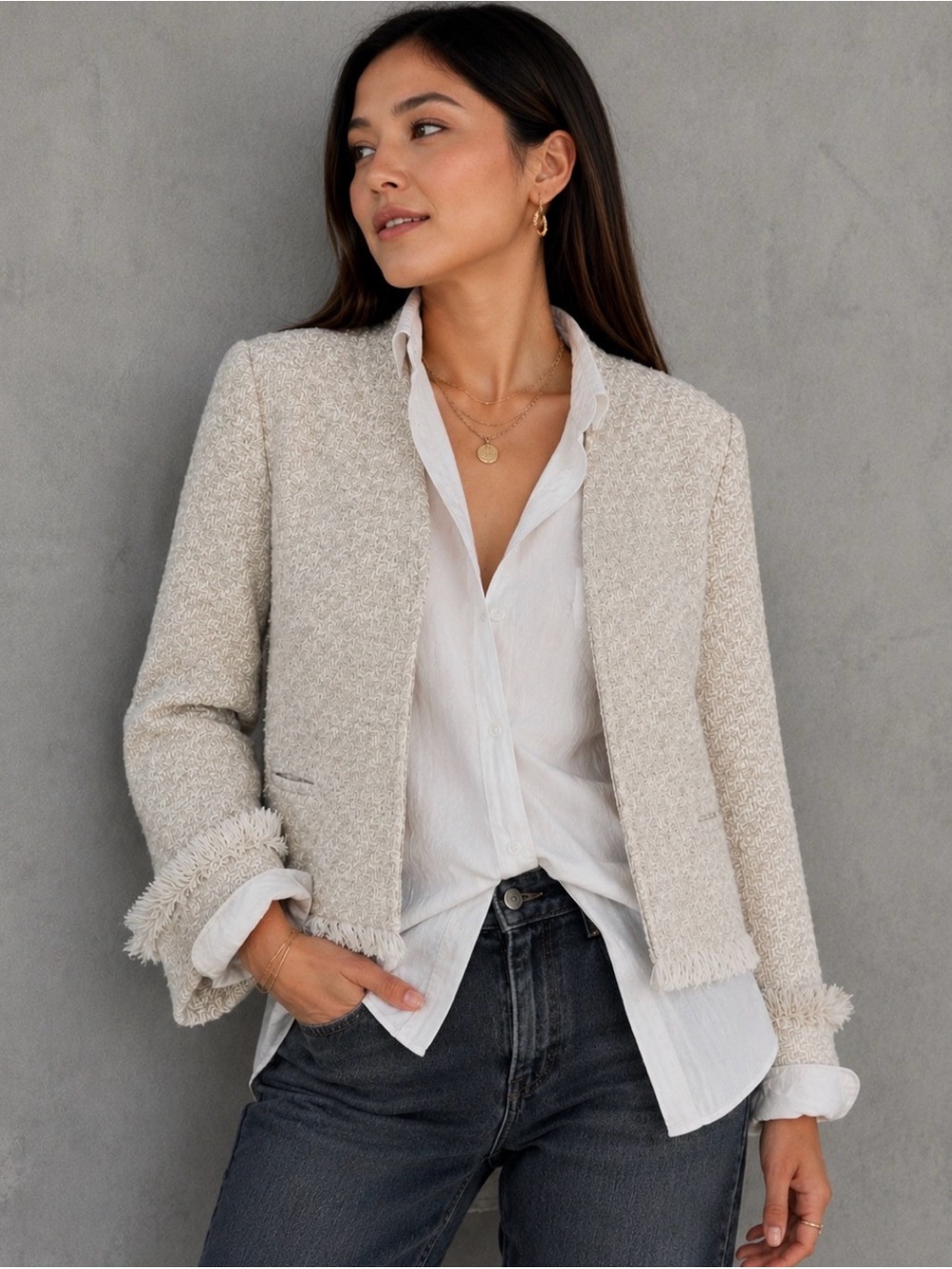 MM Lafleur “The Jie Jacket” Cream Textured Tweed-Like Fringe Trim Jacket - Sz. 2 - Picture 13 of 15